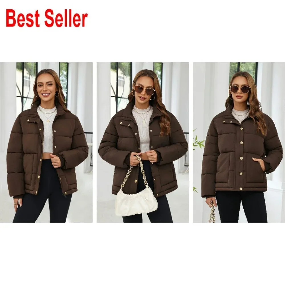Cropped Puffer Jacket Winter Stand Collar Zip Up Snap Button Lightweight